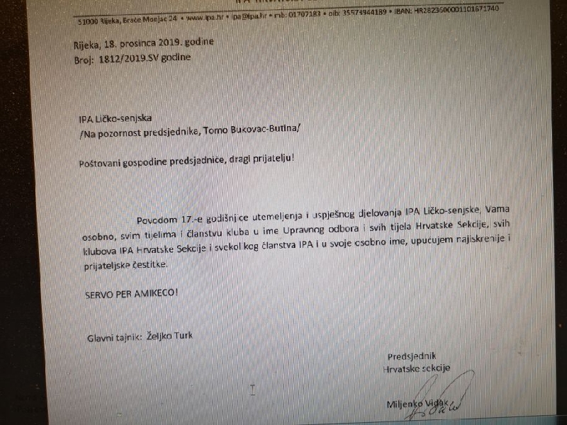 Čestitka predsjednika Vidaka za 17-tu obljetnicu utemeljenja IPA Ličko-senjske